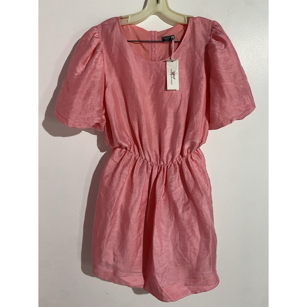 Vineyard Vines Dress 14 Cayman Pink Puff Sleeves Back Cutout Feminine Linen Silk - Picture 3 of 15